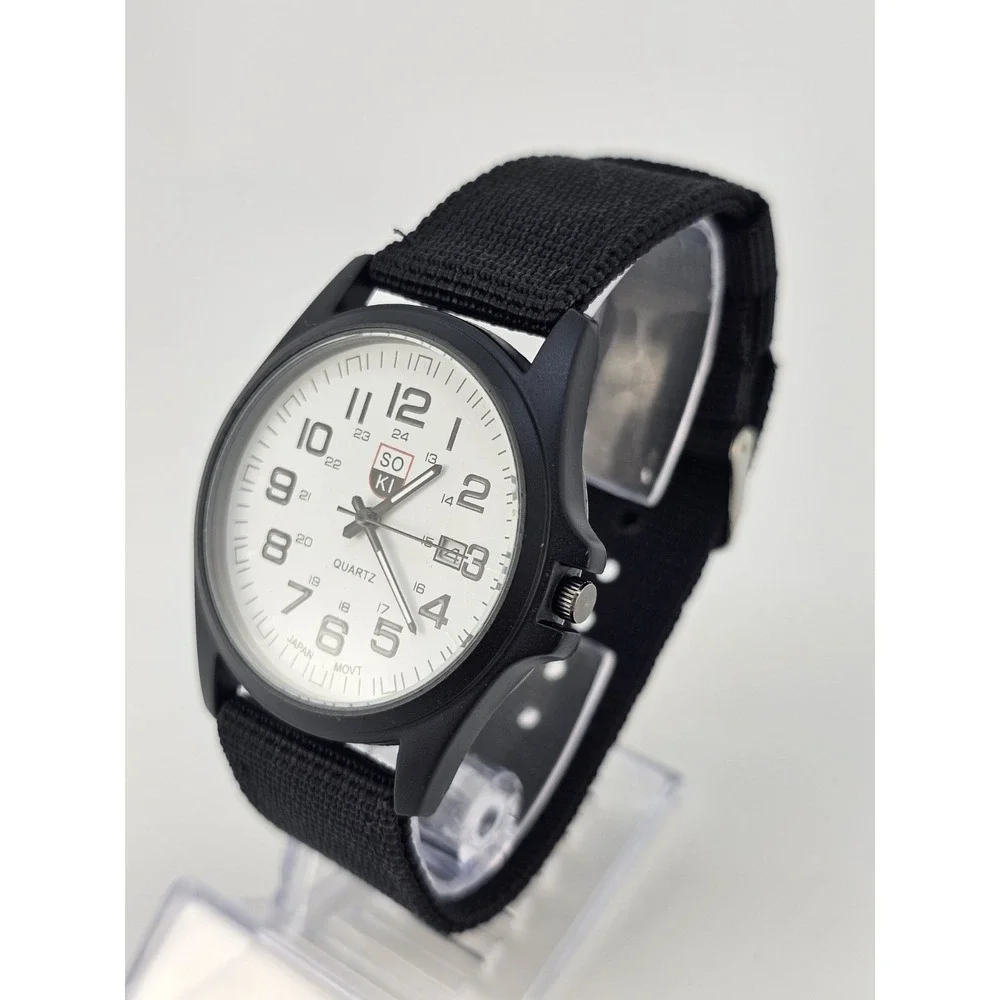 41MM Field Men Analog Watch White Dial Date Black Canvas Nylon Bands New Battery
